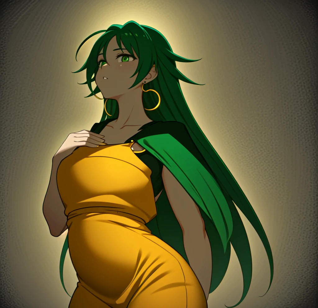 masterpiece, best quality,1girl, ((young girl)), ((large round magical green eyes)), shiny skin, (thin waist), (long curlly green hair), ((curvy)), ((wide hips)), ((hoop earrings)), ((small size)) , ((( yellow overalls))), hot, soft natural lighting, reflections, bright illuminations, deep dark black skin, ((yellow outfit)), upper body