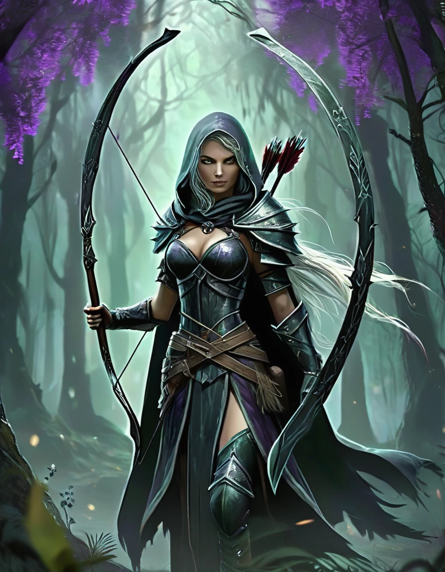 Necromancer Archer Figure: A female archer, slim and athletic, with a dark yet elegant aura.hair: Her short hair is a mix of blonde and purple, perhaps with flowing transitions or ombre effect, slightly wavy and fall over her shoulders.eyes: Your eyes glow in an unnatural green or an icy blue, a reference to her necromantic abilities.attire: She wears a combination of medieval armor and magical robes. Dark, Leather armor decorated with runes covers her upper body and arms. Under the armor she wears a black, slightly torn cloak, fluttering in the wind.arch: Her arch consists of a dark, enchanted wood, decorated with silver or luminous symbols. The arch radiates an eerie energy.Arrows: The arrows in her quiver also have a magical effect, with black feathers and tips, which are surrounded by a dark aura.backdrop: The backdrop could be a dark forest or a dilapidated, show foggy landscape, which enhances the mystical and threatening atmosphere.short hair