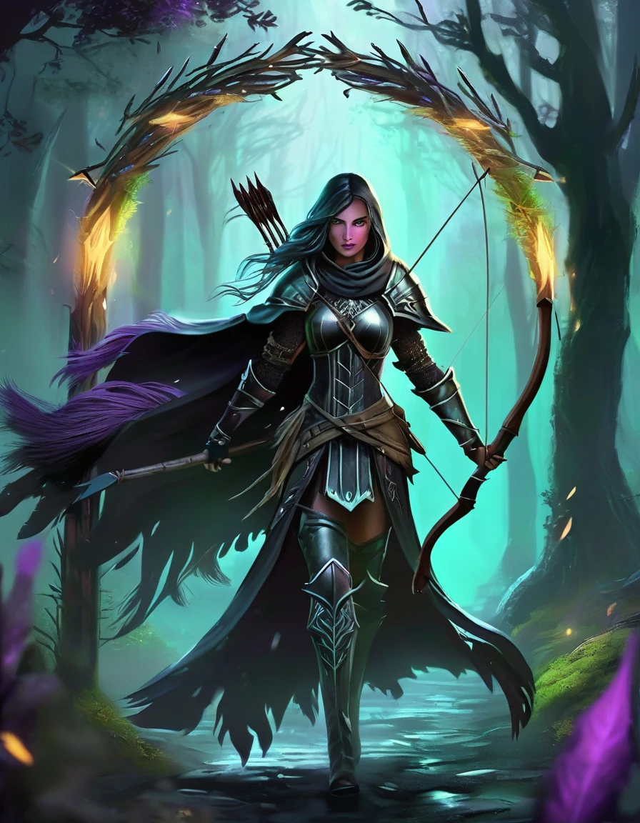 Necromancer Archer Figure: A female archer, slim and athletic, with a dark yet elegant aura.hair: Her short hair is a mix of blonde and purple, perhaps with flowing transitions or ombre effect, slightly wavy and fall over her shoulders.eyes: Your eyes glow in an unnatural green or an icy blue, a reference to her necromantic abilities.attire: She wears a combination of medieval armor and magical robes. Dark, Leather armor decorated with runes covers her upper body and arms. Under the armor she wears a black, slightly torn cloak, fluttering in the wind.arch: Her arch consists of a dark, enchanted wood, decorated with silver or luminous symbols. The arch radiates an eerie energy.Arrows: The arrows in her quiver also have a magical effect, with black feathers and tips, which are surrounded by a dark aura.backdrop: The backdrop could be a dark forest or a dilapidated, show foggy landscape, which enhances the mystical and threatening atmosphere.short hair