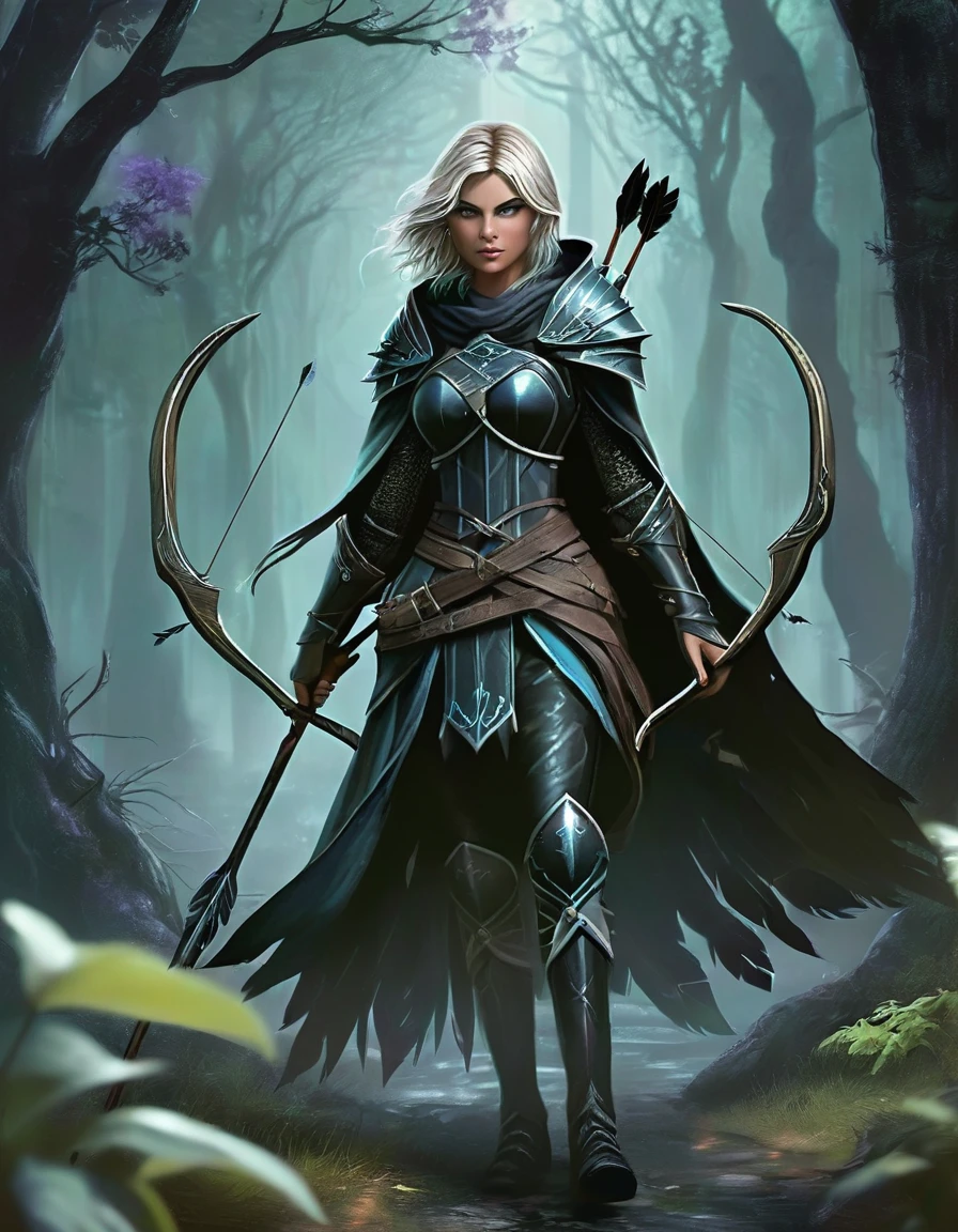 Necromancer Archer Figure: A female archer, slim and athletic, with a dark yet elegant aura.hair: Her short hair is a mix of blonde and purple, perhaps with flowing transitions or ombre effect, slightly wavy and fall over her shoulders.eyes: Your eyes glow in an unnatural green or an icy blue, a reference to her necromantic abilities.attire: She wears a combination of medieval armor and magical robes. Dark, Leather armor decorated with runes covers her upper body and arms. Under the armor she wears a black, slightly torn cloak, fluttering in the wind.arch: Her arch consists of a dark, enchanted wood, decorated with silver or luminous symbols. The arch radiates an eerie energy.Arrows: The arrows in her quiver also have a magical effect, with black feathers and tips, which are surrounded by a dark aura.backdrop: The backdrop could be a dark forest or a dilapidated, show foggy landscape, which enhances the mystical and threatening atmosphere.short hair