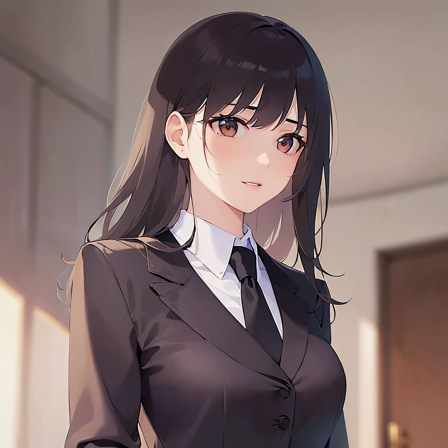 (looking away:1.5), Upper Body, Realistic, real person, (pale skin: 1.2), RAW photo, photorealistic, shiny skin, shiny hair、(A 25-year-old woman with medium-length hair and bangs) and (wavy hair) and (brown hair) and (Orange Eyes) , (business suit:1.5) and (white collared shirt) 、smile, Background is an office room、Alone、Are standing