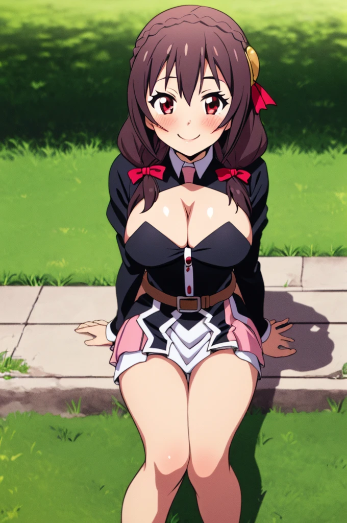 (masterpiece, Highest quality), One girl, Yunyun,Long Hair,Braiding,Twin tails,Hair between the eyes,Red hair ribbon,hair ornaments,large round breasts,、Pink Skirt、Black Hair、Red Eyes、(Happy Face:1.2)、Crown Blade,Black Shirt, Long sleeve,Pink tie, belt, Cleavage cutout、cowboy shot、(blush:1.ung face、(Sitting in the grass eating a sandwich)