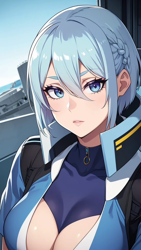 a sexy elite girl, beautiful, tall, wavy light blue hair, short cut, short forehead, her soft green eye, purple eyelashes, she wears a robotic metallic top, a military ship's aerial suit and pants, a gray military aerial suit's armor, black gloves, her hand, her back, her elite wing position.
