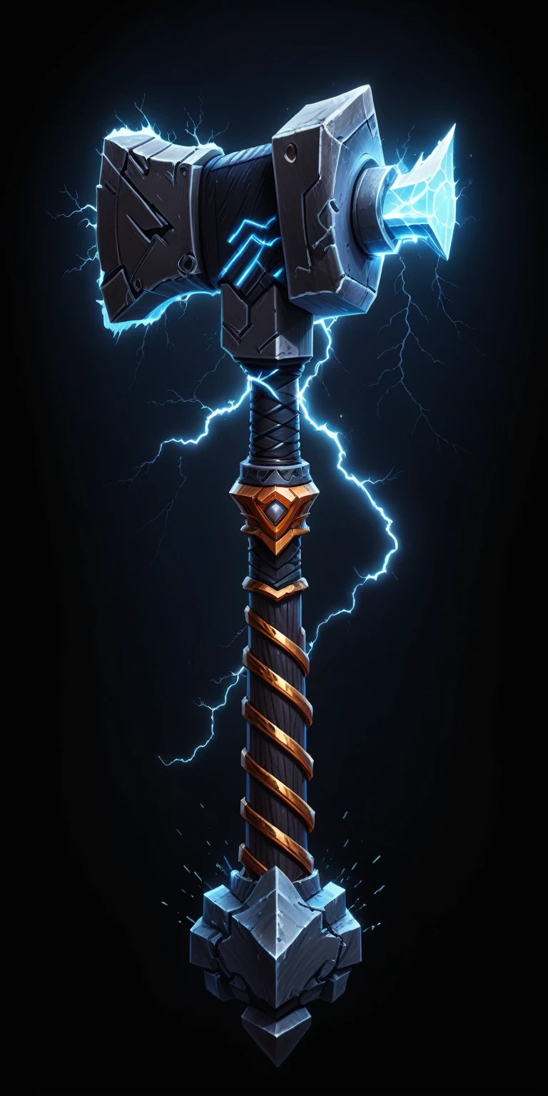 (pixel art, cartoon illustration, Thunderstrike hammer, Electric theme, simple black background, RPG game icon)