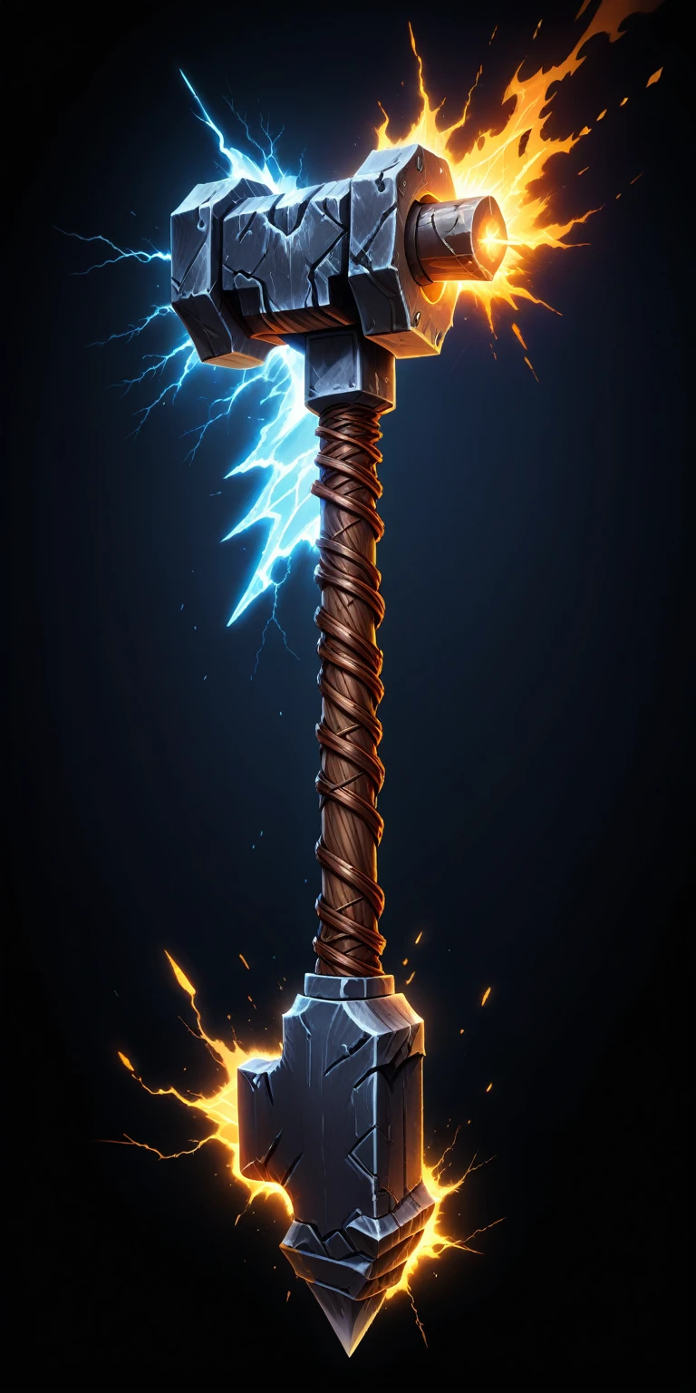 (pixel art, cartoon illustration, Thunderstrike hammer, Electric theme, simple black background, RPG game icon)