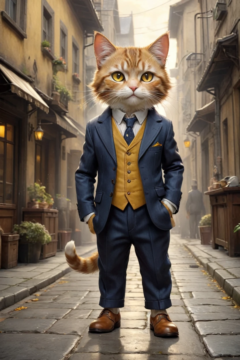 small, かわいいto be bornき物, Wearing a suit,Wearing suit pants, whole body, Wearing brown leather shoes, Are standing, Costume, Fantasy art, Exquisite detail, Jean-Baptiste Monge Style, Office Street、Alan Lee Style, Anthropomorphic fluffy tabby cat with yellow eyes, Movie Scenes, Dramatic shot angles, , Realistic, to be born々Stunning cinematic photorealism, Action Portrait, 8K, detailed, Full Frame