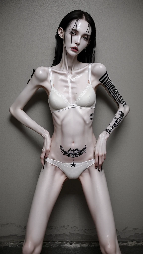 a woman, very thin body, body visible bones, very slender, sweaty wet body, pale white skin, panties, bra,tatto, full body, has a mental breakdown in underground prison 