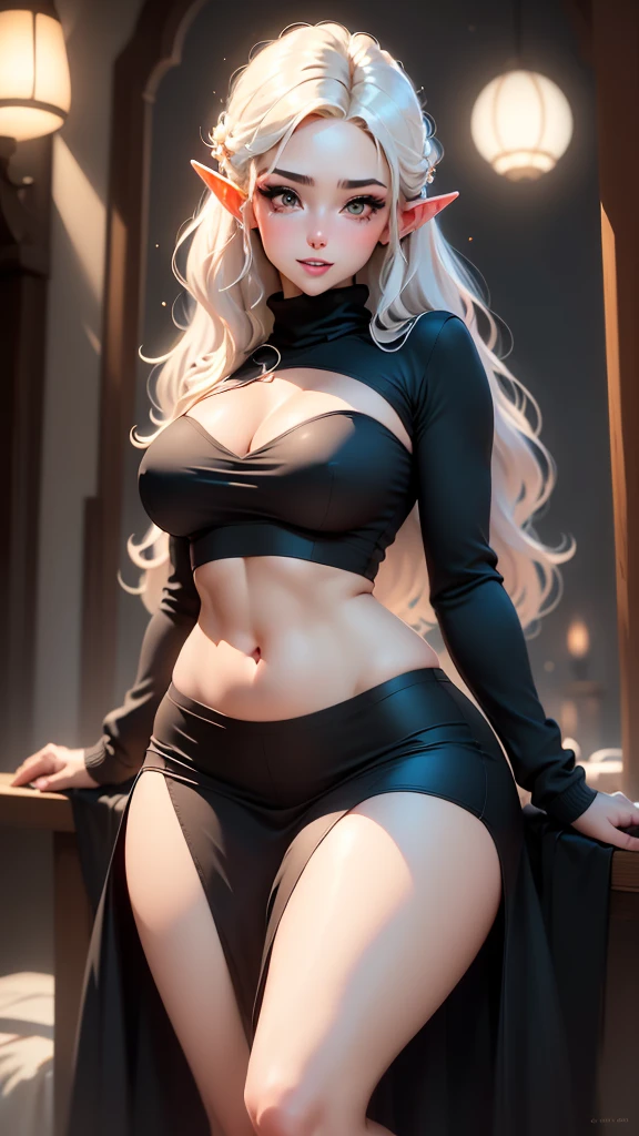 ((top quality)), ((masterpiece)), ((perfect face)), (super detailed), sharp focus, (beautiful), slender, adult, (best quality), beautiful, depth of field, rich in details and textures, shiny skin, navel, light particles, lens flare, Fine dust reflected in light, 1 beautiful woman, fun, smiles, from below, glittering lights, artistic lighting, famous scene, beautiful woman stands out, (fantastical and mesmerizing scenery),more_details:-1, more_details:0, more_details:0.5, more_details:1, more_details:1.5,((elf girl wearing the virgin killing sweater))