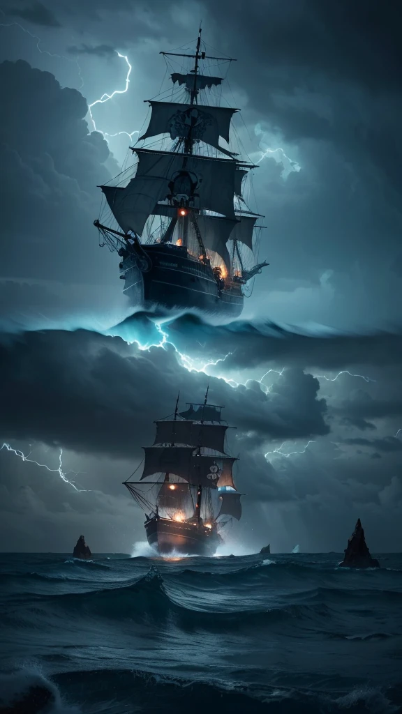 “Create a scene of a pirate ship sailing through a stormy, turbulent sea. The ship should be navigating near a large skull-shaped rock formation amidst a jagged reef. The sky is filled with swirling clouds, and heavy rain is pouring down. The atmosphere is dark and dramatic, with lightning illuminating the menacing waves and the ominous skull rock.”