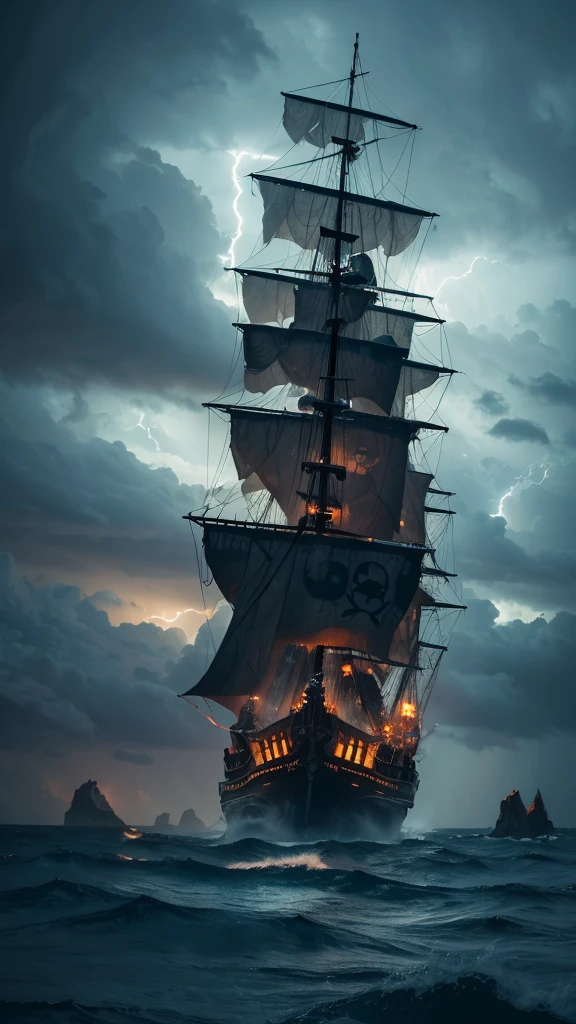 

“Create a scene of a pirate ship sailing through a stormy, turbulent sea. The ship should be navigating near a large skull-shaped rock formation amidst a jagged reef. The sky is filled with swirling clouds, and heavy rain is pouring down. The atmosphere is dark and dramatic, with lightning illuminating the menacing waves and the ominous skull rock.”

