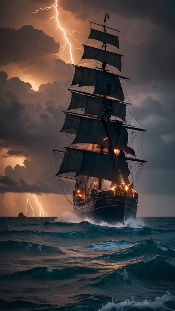 “Create a scene of a pirate ship sailing through a stormy, turbulent sea. The ship should be navigating near a large skull-shaped rock formation amidst a jagged reef. The sky is filled with swirling clouds, and heavy rain is pouring down. The atmosphere is dark and dramatic, with lightning illuminating the menacing waves and the ominous skull rock.”