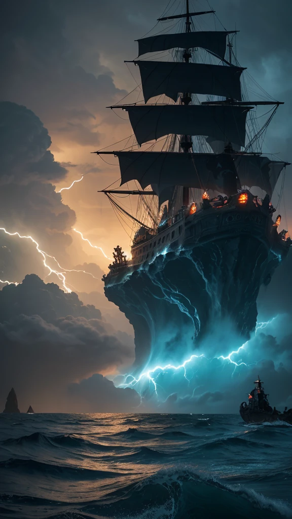 

“Create a scene of a pirate ship sailing through a stormy, turbulent sea. The ship should be navigating near a large skull-shaped rock formation amidst a jagged reef. The sky is filled with swirling clouds, and heavy rain is pouring down. The atmosphere is dark and dramatic, with lightning illuminating the menacing waves and the ominous skull rock.”


