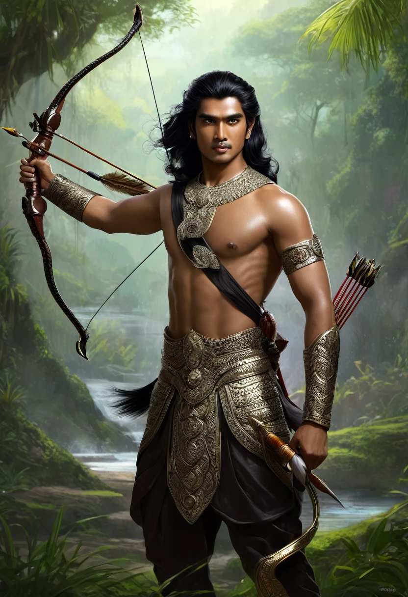 Arjuna in Mahabarata, holding a bow and arrow, Javanese princess, majapahit warrior, long wavy black hair, hair tied up, wide eyes looking sharp and firm, very handsome face, bare chested, wearing ancient Javanese knight jawelry, realistic, background black, fantasy, intricate, elegant, highly detailed, digital painting, art station, concept art, Movie Poster