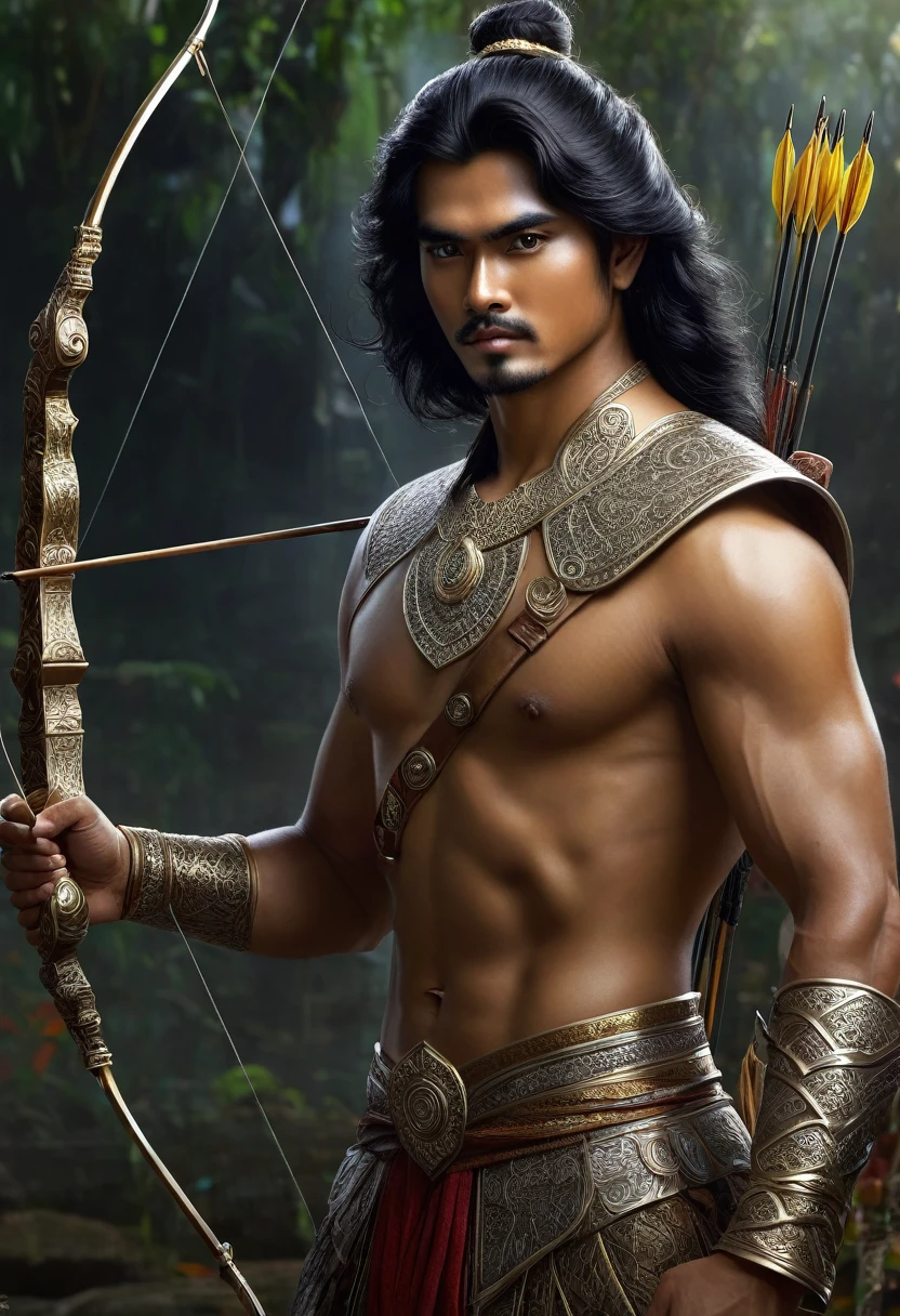 Arjuna in Mahabarata, holding a bow and arrow, Javanese princess, majapahit warrior, long wavy black hair, hair tied up, wide eyes looking sharp and firm, very handsome face, bare chested, wearing ancient Javanese knight jawelry, realistic, background black, fantasy, intricate, elegant, highly detailed, digital painting, art station, concept art, Movie Poster