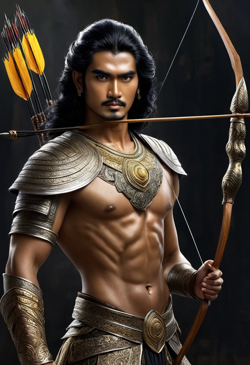 Arjuna in Mahabarata, holding a bow and arrow, Javanese princess, majapahit warrior, long wavy black hair, hair tied up, wide eyes looking sharp and firm, very handsome face, bare chested, wearing ancient Javanese knight jawelry, realistic, background black, fantasy, intricate, elegant, highly detailed, digital painting, art station, concept art, Movie Poster