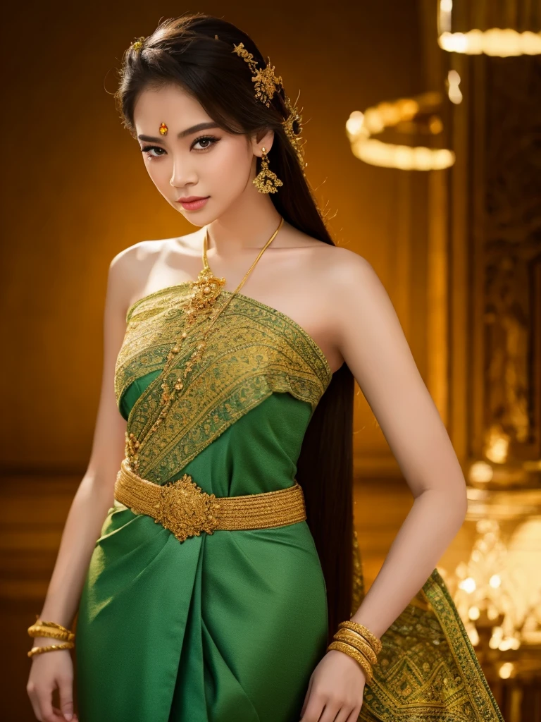 (masterpiece, best quality:1.2), 1girl, solo, thai girl, thai dress, dress, big breasts, beautiful detailed eyes, beautiful detailed lips, extremely detailed face and eyes, long eyelashes, flowing hair, intricate clothing details, photorealistic, 8k, natural lighting, warm color tones, fantasy art, cinematic lighting