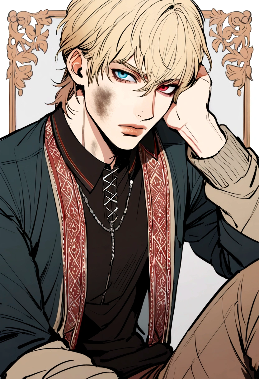 Male, 1solo, dirty blond hair, has heterochromia, one blue eye, and the other color brown, russian, slavic, using casual clothes