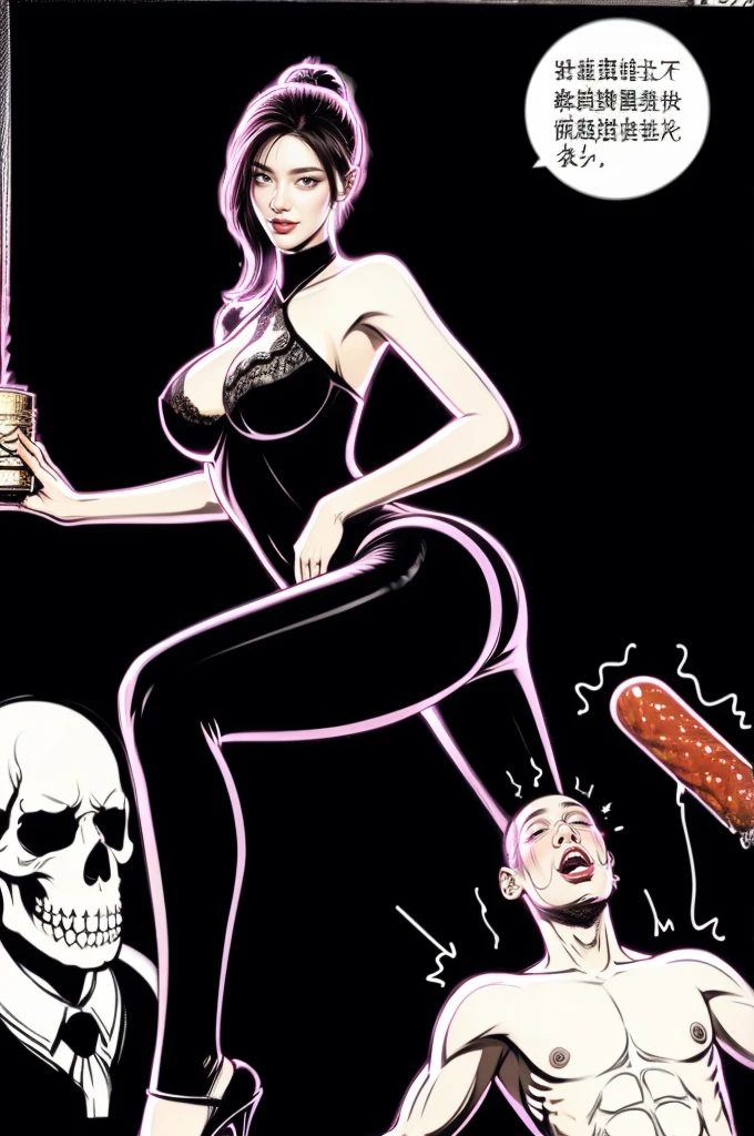 The beautiful girl in lace top and leggings is sitting astride a pile of skeletons in the center of the picture. She is holding a trembling sausage with juice squeezed out in her hand and smiling. There are multiple comic storyboards in the background，cbt, sausage bondage,sausage insertion,Sexy, trampling sausage with high heels heel,(masterpiece, best quality:1.2)，1 beautiful girl,sexy，comic storyboard:2, leggings, sit astride, axially symmetrical:2, ,femdom，sounding，cbt，hold，smile，colorful，leggings，thin gap，cameltoe，insertion，trembling，juice，spray， Long hair,Lace top,Sexy, Shiny leggings, High heel，cleveage, trampling, in forest, saliva , Mucus