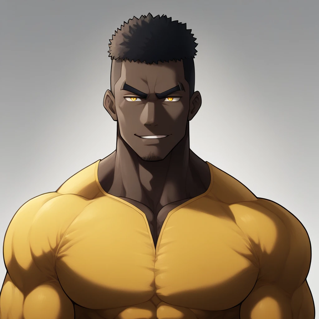?????, ?????, ?????, anime characters:Gyee, Muscle Sports Student, ????? black skin, 1 muscular tough guy, Manliness, male focus, Dark Yellow long sleeve tights, Very tight, Round and full chest muscles, Slightly transparent, muscular male, muscular, only, Upper body, alone, Black short hair, Thick eyebrows, stubble, Yellow eyes, White background, simple background, amazing quality, best aesthetics, Ridiculous, bright pupils, crew cut, parted lips, seductive smile, torogao, naughty face, best quality