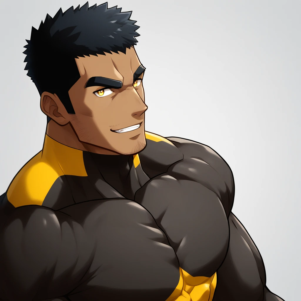 negro, negro, negro, anime characters:Gyee, Muscle Sports Student, negro black skin, 1 muscular tough guy, Manliness, male focus, Dark Yellow long sleeve tights, Very tight, Round and full chest muscles, Slightly transparent, muscular male, muscular, only, Upper body, alone, Black short hair, Thick eyebrows, stubble, Yellow eyes, White background, simple background, amazing quality, best aesthetics, Ridiculous, bright pupils, crew cut, parted lips, seductive smile, torogao, naughty face, best quality