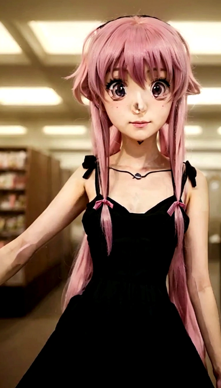 a close up of a person in a dress with pink hair, Chica anime llamada Gasai Yuno, as an cartoon character, anime girl in a black dress, female cartoon character, Mirai Nikki, cartoon character, anime style like destiny/Overnight stay, girl human female pink human, in an anime, 1 young anime gothic girl of 26 years old, Gasai Yuno