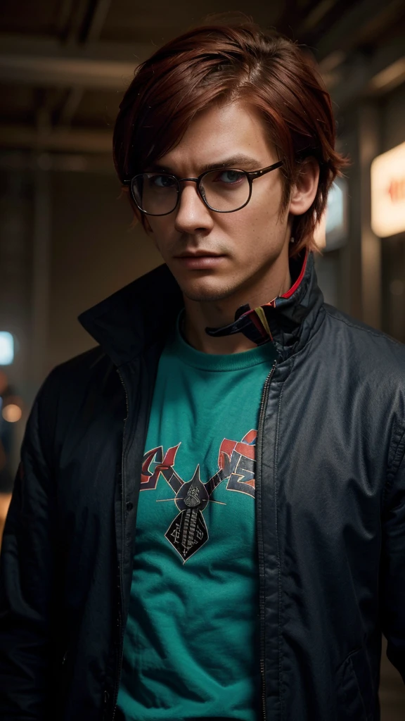 Create a high-resolution image of a male character in a video game style similar to Free Fire. The character must have the following characteristics and clothing details:Hair and Face:Deep red hair, messy hairstyle.Wear round black frame glasses.Serious and focused face.Upper Clothing:Blue jacket with red and turquoise details.The jacket has a futuristic design, with sharp spikes and edges that emanate a bright reddish energy.The jacket is open, showing the character&#39;s naked torso, which must be well defined.Lower Clothing:Black tight pants with blue and red details.The pants have a modern design, with geometric lines and patterns in blue and red.Footwear:Futuristic sneakers in blue and red with shiny turquoise soles.accessories:The jacket has shoulder pads with red spikes and turquoise lights.Mittens or gloves of the same futuristic design as the jacket.pose:The character must be in a dynamic pose, with one leg slightly forward as if about to take a firm step.One arm should be extended forward, with his hand open as if he were wielding an invisible energy.The other arm should be bent, with your hand close to your hip.The facial expression should be one of determination, looking towards the horizon.bottom:The background must be a futuristic urban environment, with neon lights and pronounced shadows, creating a night and technological atmosphere.Text:Includes the logo "Free Fire" In the lower right corner.Art Style:Realistic style with accurate details in the character&#39;s clothing and posture.Use of vibrant colors and lighting effects to highlight the futuristic details of the clothing.