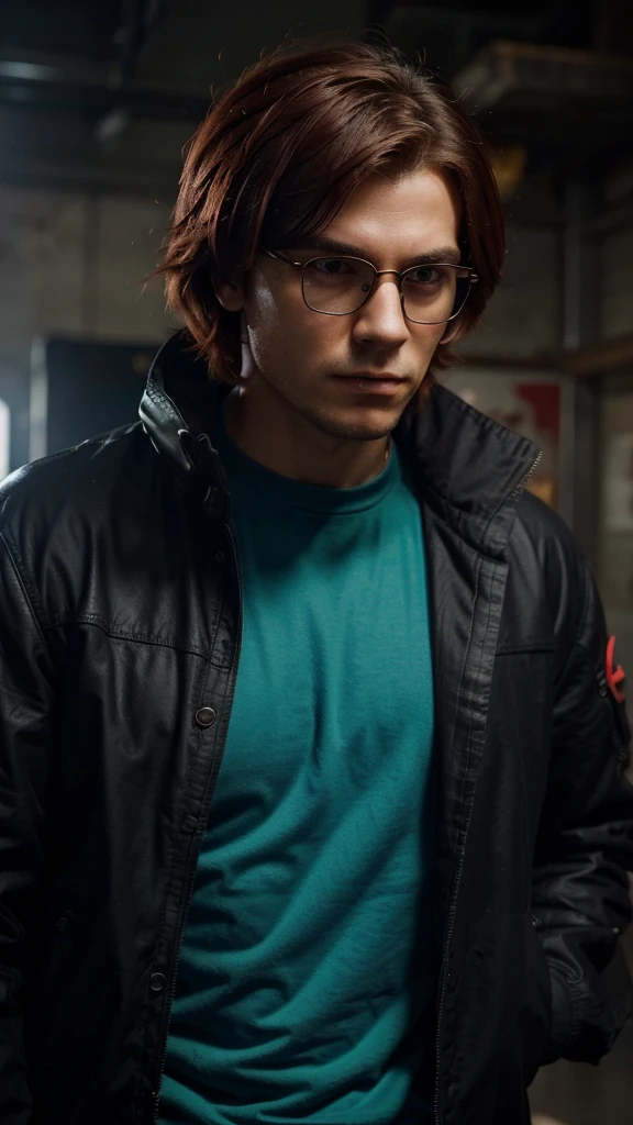 Create a high-resolution image of a male character in a video game style similar to Free Fire. The character must have the following characteristics and clothing details:Hair and Face:Deep red hair, messy hairstyle.Wear round black frame glasses.Serious and focused face.Upper Clothing:Blue jacket with red and turquoise details.The jacket has a futuristic design, with sharp spikes and edges that emanate a bright reddish energy.The jacket is open, showing the character&#39;s naked torso, which must be well defined.Lower Clothing:Black tight pants with blue and red details.The pants have a modern design, with geometric lines and patterns in blue and red.Footwear:Futuristic sneakers in blue and red with shiny turquoise soles.accessories:The jacket has shoulder pads with red spikes and turquoise lights.Mittens or gloves of the same futuristic design as the jacket.pose:The character must be in a dynamic pose, with one leg slightly forward as if about to take a firm step.One arm should be extended forward, with his hand open as if he were wielding an invisible energy.The other arm should be bent, with your hand close to your hip.The facial expression should be one of determination, looking towards the horizon.bottom:The background must be a futuristic urban environment, with neon lights and pronounced shadows, creating a night and technological atmosphere.Text:Includes the logo "Free Fire" In the lower right corner.Art Style:Realistic style with accurate details in the character&#39;s clothing and posture.Use of vibrant colors and lighting effects to highlight the futuristic details of the clothing.