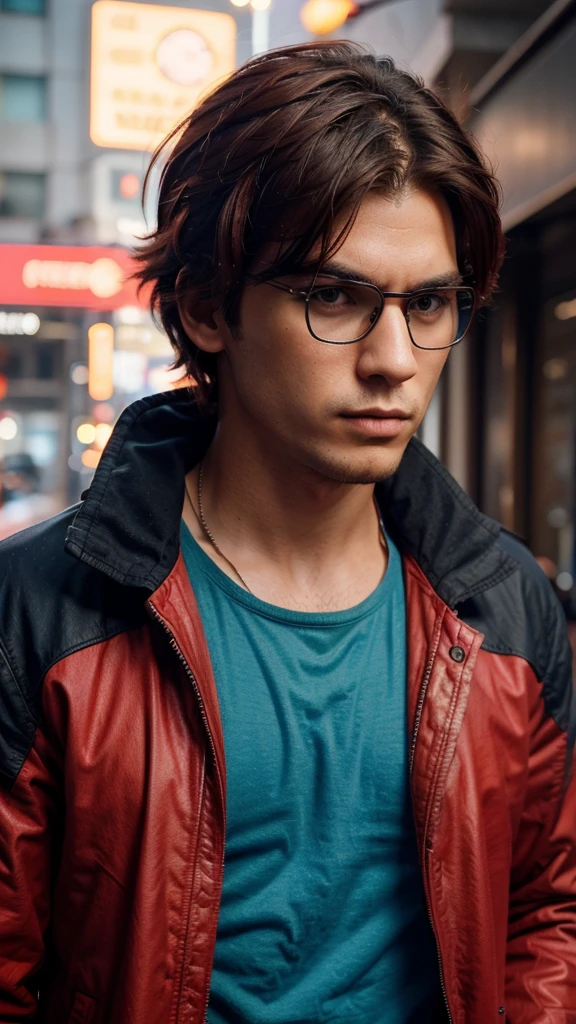 Create a high-resolution image of a male character in a video game style similar to Free Fire. The character must have the following characteristics and clothing details:Hair and Face:Deep red hair, messy hairstyle.Wear round black frame glasses.Serious and focused face.Upper Clothing:Blue jacket with red and turquoise details.The jacket has a futuristic design, with sharp spikes and edges that emanate a bright reddish energy.The jacket is open, showing the character&#39;s naked torso, which must be well defined.Lower Clothing:Black tight pants with blue and red details.The pants have a modern design, with geometric lines and patterns in blue and red.Footwear:Futuristic sneakers in blue and red with shiny turquoise soles.accessories:The jacket has shoulder pads with red spikes and turquoise lights.Mittens or gloves of the same futuristic design as the jacket.pose:The character must be in a dynamic pose, with one leg slightly forward as if about to take a firm step.One arm should be extended forward, with his hand open as if he were wielding an invisible energy.The other arm should be bent, with your hand close to your hip.The facial expression should be one of determination, looking towards the horizon.bottom:The background must be a futuristic urban environment, with neon lights and pronounced shadows, creating a night and technological atmosphere.Text:Includes the logo "Free Fire" In the lower right corner.Art Style:Realistic style with accurate details in the character&#39;s clothing and posture.Use of vibrant colors and lighting effects to highlight the futuristic details of the clothing.