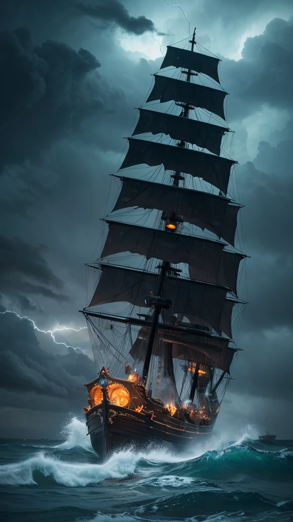 “Create a scene of a pirate ship sailing through a stormy, turbulent sea. The ship should be navigating near a large skull-shaped rock formation amidst a jagged reef. The sky is filled with swirling clouds, and heavy rain is pouring down. The atmosphere is dark and dramatic, with lightning illuminating the menacing waves and the ominous skull rock.”