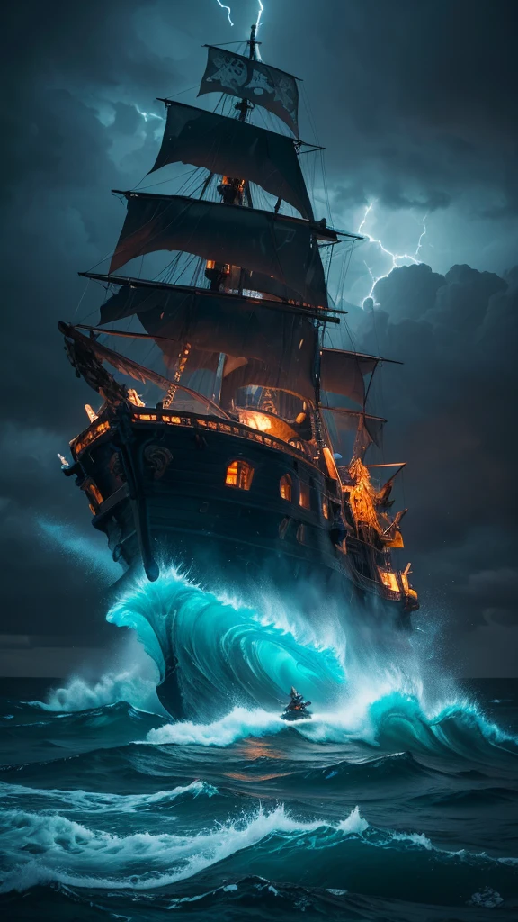 “Create a scene of a pirate ship sailing through a stormy, turbulent sea. The ship should be navigating near a large skull-shaped rock formation amidst a jagged reef. The sky is filled with swirling clouds, and heavy rain is pouring down. The atmosphere is dark and dramatic, with lightning illuminating the menacing waves and the ominous skull rock.”