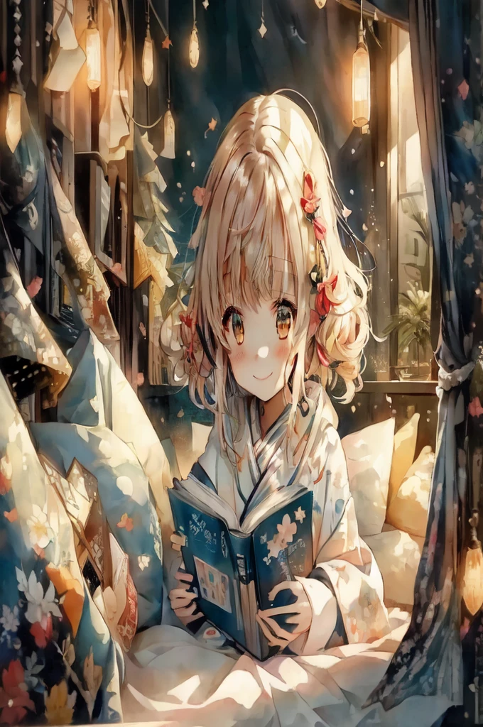 anime smiling girl reading a book in bed with lights on, anime style 4 k, 4 k manga wallpaper, anime art wallpaper 4 k, anime art wallpaper 4k, anime art wallpaper 8 k, anime wallpaper 4k, anime wallpaper 4 k, 4k anime wallpaper, young anime smiling girl, cute anime girl, anime visual of a cute smiling girl, splash art anime loli