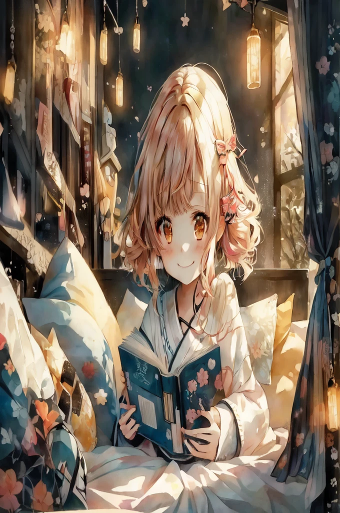 anime smiling girl reading a book in bed with lights on, anime style 4 k, 4 k manga wallpaper, anime art wallpaper 4 k, anime art wallpaper 4k, anime art wallpaper 8 k, anime wallpaper 4k, anime wallpaper 4 k, 4k anime wallpaper, young anime smiling girl, cute anime girl, anime visual of a cute smiling girl, splash art anime