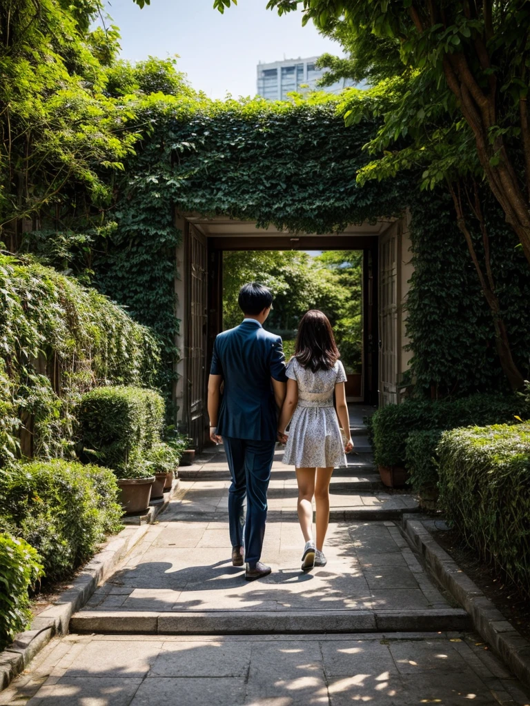 There are two people walking on the sidewalk next to a building, lovely setting, beautiful surroundings, at school, in the garden, with ivy, candid photo, in front of the house, Photoshoot, sunny atmosphere, candid photo, walking in the garden, in an ecological city, by Yi Jaegwan, the city is full of green plants, green alleys