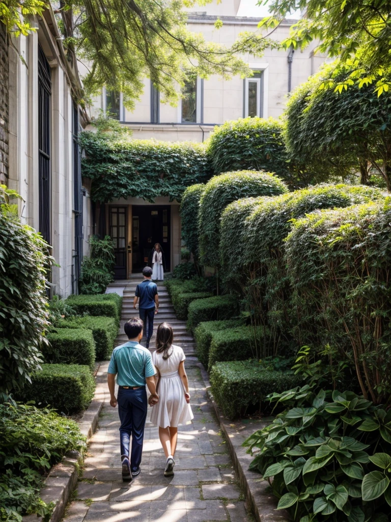 There are two people walking on the sidewalk next to a building, lovely setting, beautiful surroundings, at school, in the garden, with ivy, candid photo, in front of the house, Photoshoot, sunny atmosphere, candid photo, walking in the garden, in an ecological city, by Yi Jaegwan, the city is full of green plants, green alleys