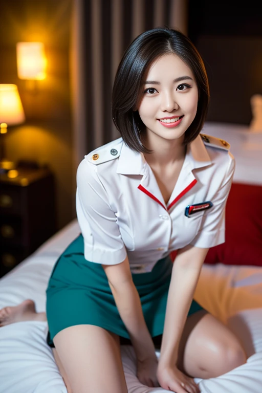 (a gorgeous lady, age 21, Flight Attendant uniform, Shenzhen Airlines Stewardess, wet white shirt, red mini-skirt, kneeling in bedroom, dimpled smile, short bob hair, wet short hair, cute snaggle-tooth, well-endowed round bosom, long flawless legs, photorealistic, beautiful detailed eyes, beautiful detailed face, hyper-realism, high contrast, ultra HD, realistic skin textures, top image quality, top-quality, super high resolution, fine details, very meticulously, close-up, head to thigh, romantic night, dark bokeh background)