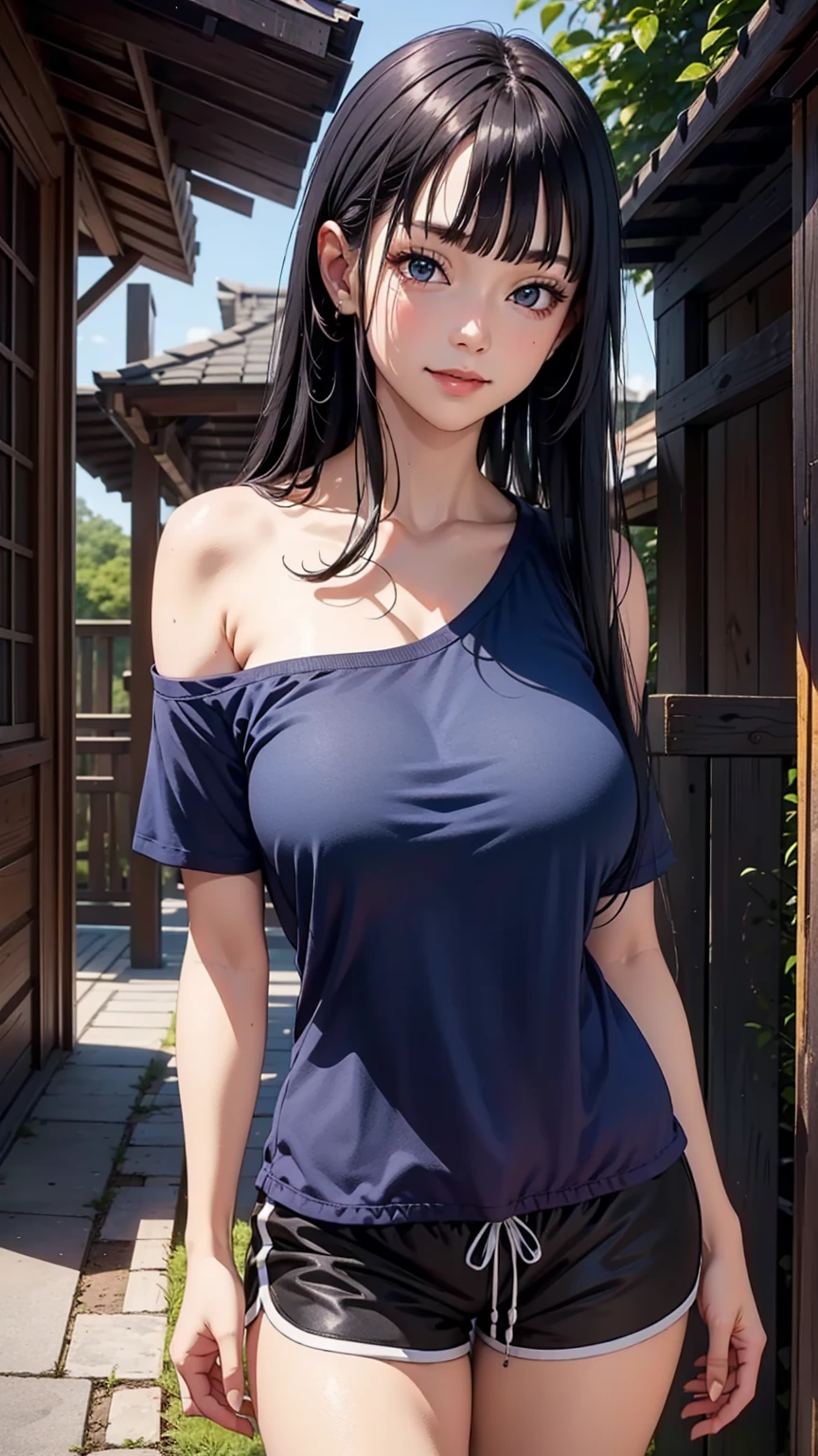 (Girl),(hime hair),masterpiece,???????????, outdoors, looking at viewer, detail eyes, detail face, standing, smile, (front view:1.3), dolphin shorts, Single ???? Shoulder shirts, upper body shot, (portait), (detailed face), cleavage