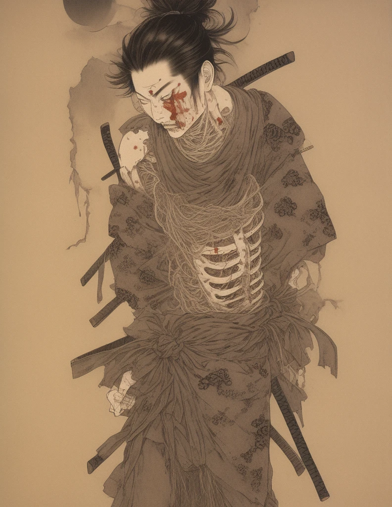 Samurai committing seppuku
Man
Ukiyoe-like
He is disemboweled.