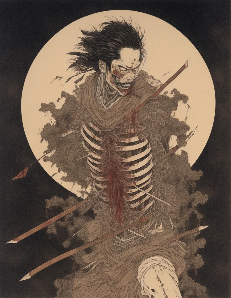 japanese line art    , a samurai( tied up  to a wooden steak with several arrows stuck in him,:1.2) lower body missing visible skeletal structure , ripped rags, rope and bloody ground, black skies and large moon , floral damask background ,  in the style of  takato yamamoto    , 