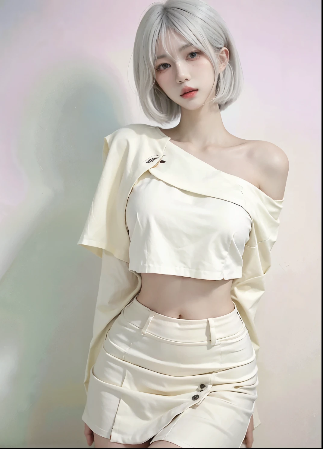 Beautiful woman with perfect figure:1.4,Ultra-high resolution,White background,(Realism:1.4),Layered hairstyle,White skin,JK:1.5,Super short pleated skirt,whole body:1.4,Very delicate and skin texture,Double eyelids,Skin Whitening,Long hair,White hair