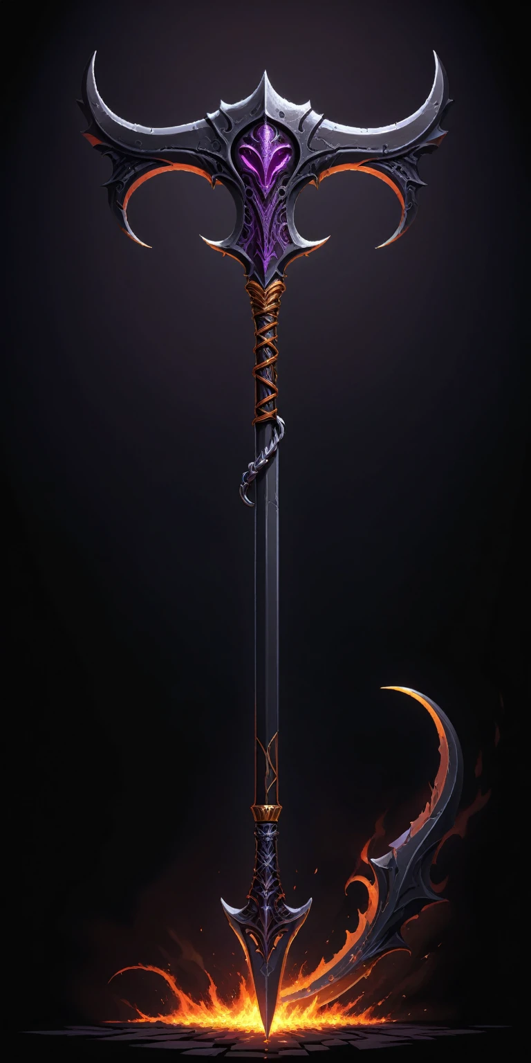 (pixel art, cartoon illustration, Shadowbane scythe, Dark magic theme, simple black background, RPG game icon)