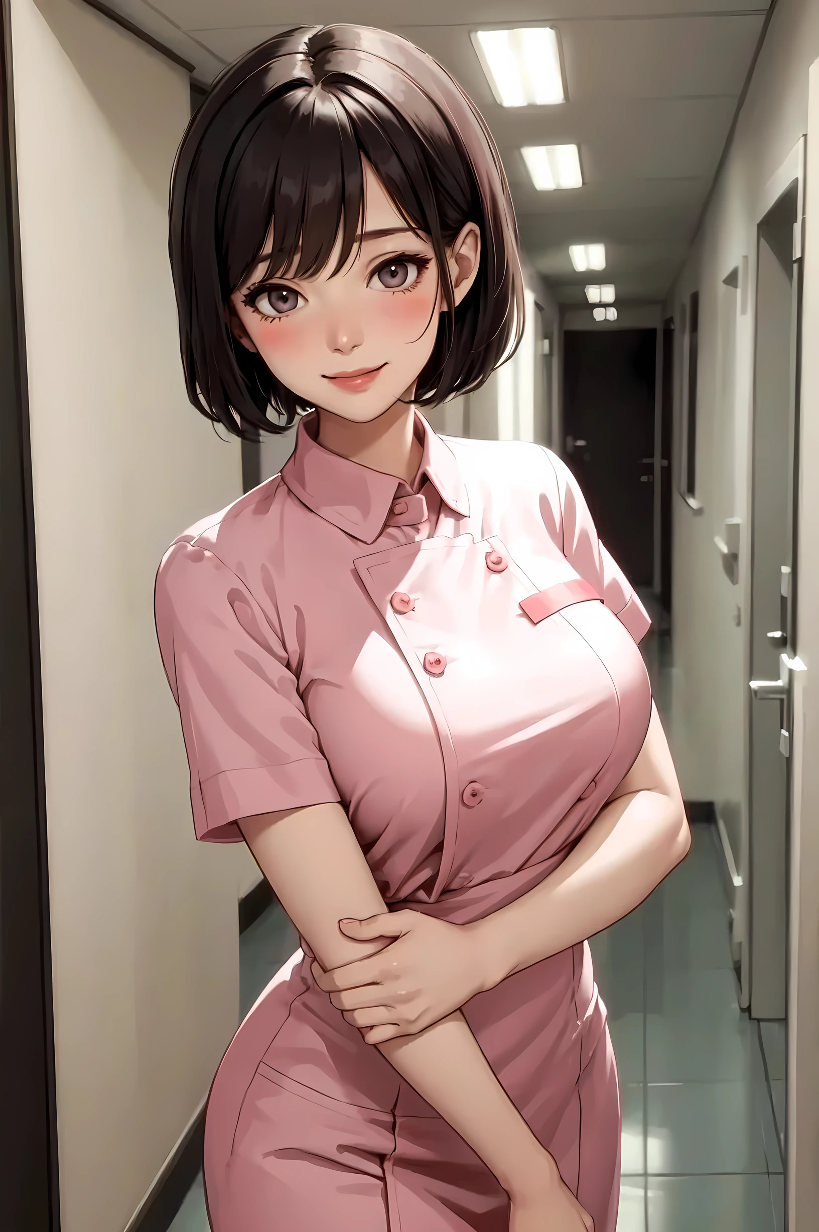 1lady standing, nurse, (nurse uniform), (mature female:0.8), /(short hair/), blush kind smile, (masterpiece best quality:1.3) delicate illustration ultra-detailed, large breasts BREAK /(hospital hallway/) indoors