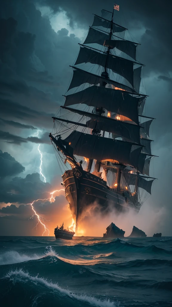 “Create a scene of a pirate ship sailing through a stormy, turbulent sea. The ship should be navigating near a large skull-shaped rock formation amidst a jagged reef. The sky is filled with swirling clouds, and heavy rain is pouring down. The atmosphere is dark and dramatic, with lightning illuminating the menacing waves and the ominous skull rock.”