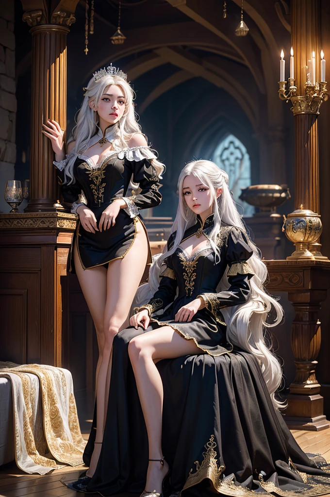 ((masterpiece:1.5,Highest quality,Highly detailed images,Beautiful images、Realistic、Photorealistic、2.5D))(1girl, 独奏)(medium breasts, white hair, black eyes, Healthy legs、Tight ass、Beautiful cleavage)(Fantasy dresses、Fantasy Clothes、Black battle dress、Deep slit)(wind, floating hair)(Inside the castle、The King's Chamber）
