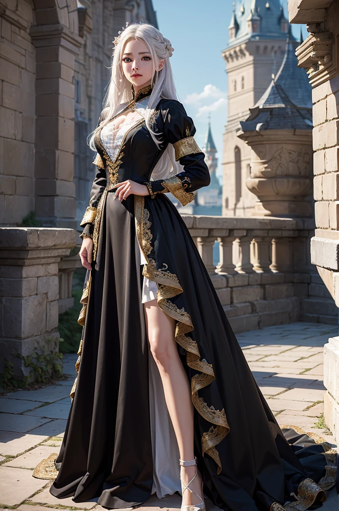 ((masterpiece:1.5,Highest quality,Highly detailed images,Beautiful images、Realistic、Photorealistic、2.5D))(1girl, 独奏)(medium breasts, white hair, black eyes, Healthy legs、Tight ass、Beautiful cleavage)(Fantasy dresses、Fantasy Clothes、Black battle dress、Deep slit)(wind, floating hair)(Inside the castle、The King's Chamber)