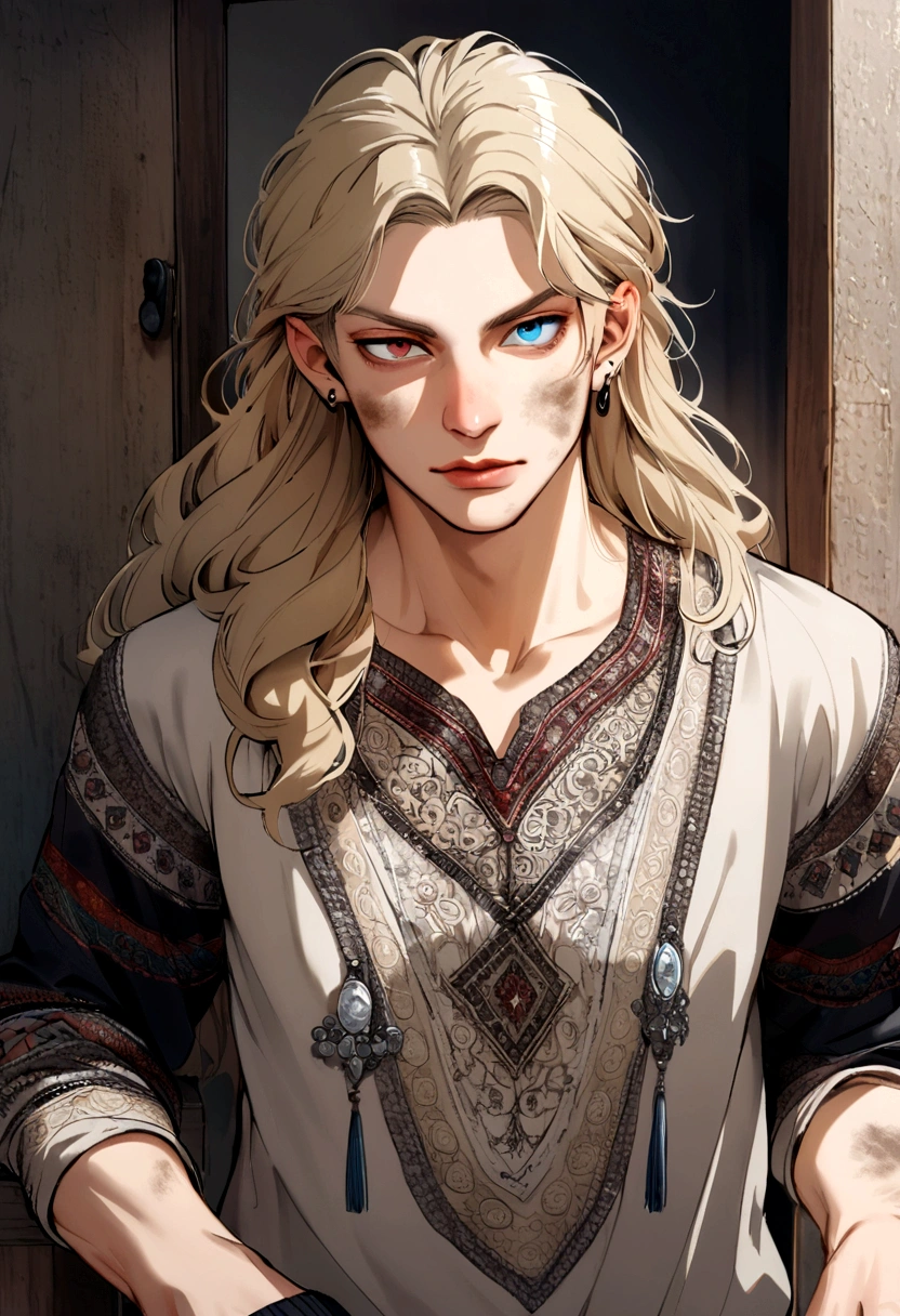 Male, 1solo, dirty blond hair, has heterochromia, one blue eye, and the other eye color brown, russian, slavic, using casual clothes