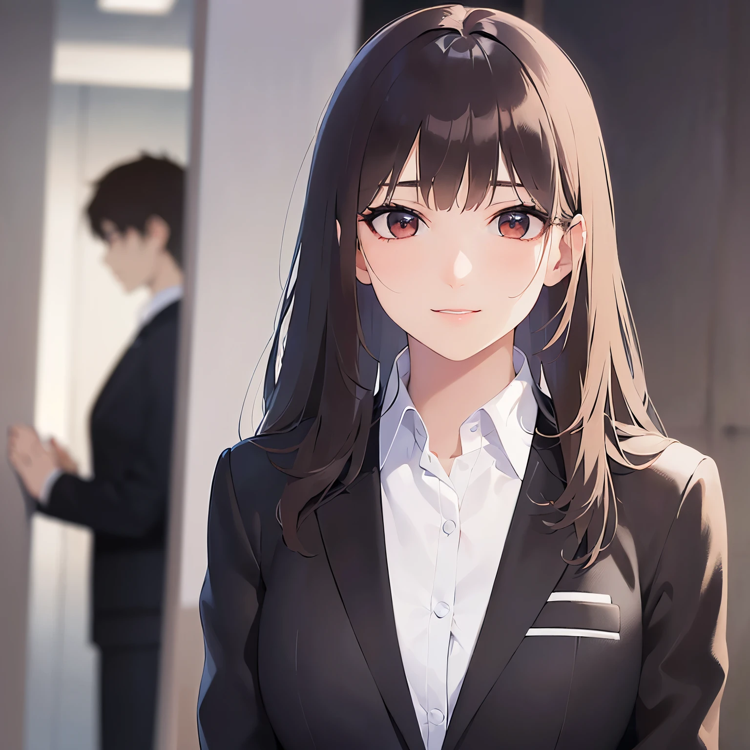 (looking away:1.5), Upper Body, Realistic, real person, (pale skin: 1.2), RAW photo, photorealistic, shiny skin, shiny hair、(A 25-year-old woman with medium-length hair and bangs) and (wavy hair) and (brown hair) and (Orange Eyes) , (business suit:1.5) and (white collared shirt) 、(smile:1.1), Background is an office room、Alone、Are standing