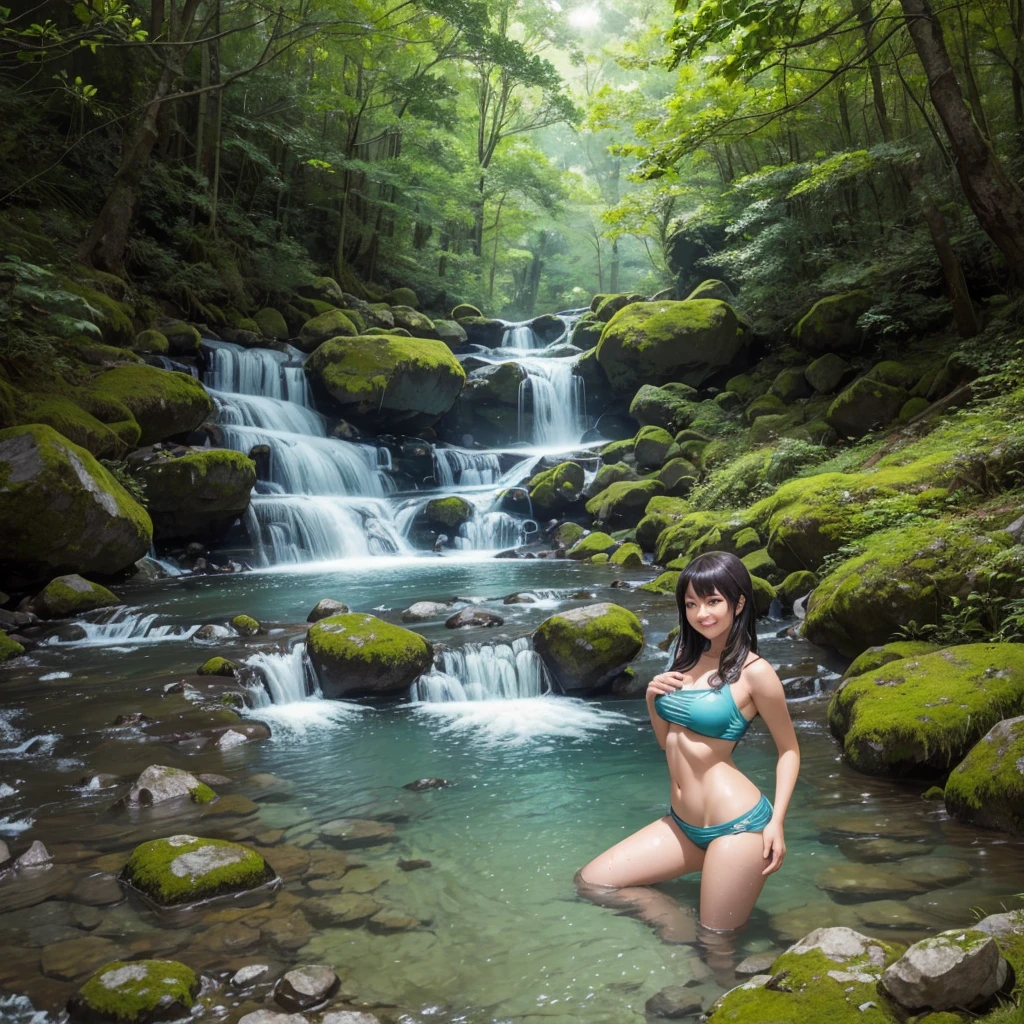 (????、??????、????、Adult)、Set in a lush mountain landscape、Young woman enjoying nature by playing in a clear mountain stream(彼女は????な水着を着ています)。The scene is in a realistic anime style。The woman is wearing a tank top and shorts.、Standing in the shallows of a stream、Scoop up water with your right hand、The left hand is extended slightly for balance.。She has a happy look on her face。In the background、Green forested mountain々is drawn、wood々The sun shines a soft light between the、It casts a warm, natural light on the scene.。The water in the stream is clear、You can see the rocks below、The banks are lined with vibrant greenery and wildflowers.。The camera angle is slightly behind and above the woman.、It gives the scene depth and perspective.。There is a soft glow effect as the sunlight hits the water surface and the woman's hair