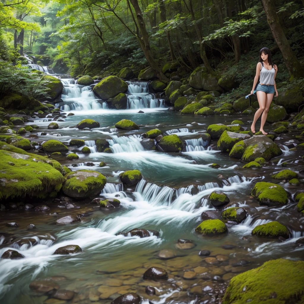 (NSFW、Erotic、sexy、Adult)、Set in a lush mountain landscape、Young woman enjoying nature by playing in a clear mountain stream(彼女はsexyな水着を着ています)。The scene is in a realistic anime style。The woman is wearing a tank top and shorts.、Standing in the shallows of a stream、Scoop up water with your right hand、The left hand is extended slightly for balance.。She has a happy look on her face。In the background、Green forested mountain々is drawn、wood々The sun shines a soft light between the、It casts a warm, natural light on the scene.。The water in the stream is clear、You can see the rocks below、The banks are lined with vibrant greenery and wildflowers.。The camera angle is slightly behind and above the woman.、It gives the scene depth and perspective.。There is a soft glow effect as the sunlight hits the water surface and the woman&#39;s hair