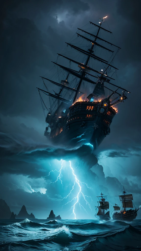 “Create a scene of a pirate ship sailing through a stormy, turbulent sea. The ship should be navigating near a large skull-shaped rock formation amidst a jagged reef. The sky is filled with swirling clouds, and heavy rain is pouring down. The atmosphere is dark and dramatic, with lightning illuminating the menacing waves and the ominous skull rock.”
