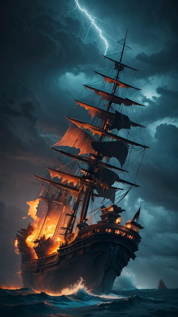 “Create a scene of a pirate ship sailing through a stormy, turbulent sea. The ship should be navigating near a large skull-shaped rock formation amidst a jagged reef. The sky is filled with swirling clouds, and heavy rain is pouring down. The atmosphere is dark and dramatic, with lightning illuminating the menacing waves and the ominous skull rock.”